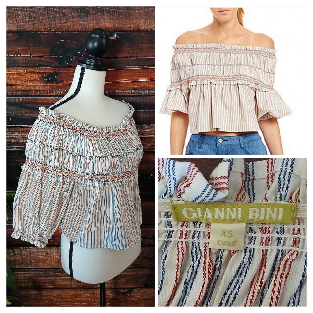 Gianni Bini Crop Top XS Puff Sleeve Smocked Ruffle Striped Off Shoulder Cotton